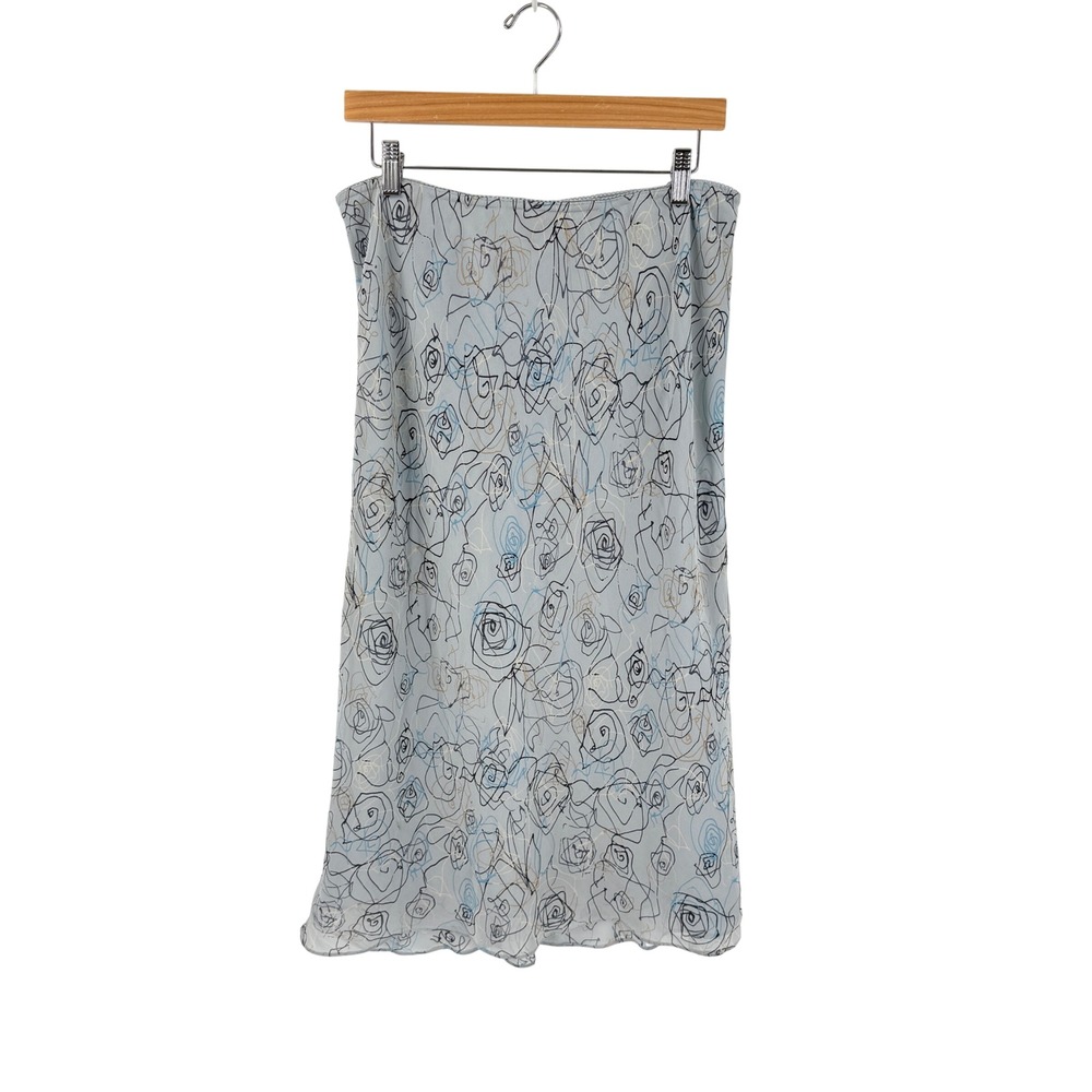 Vintage i.e. 100% Silk Midi Skirt Blue Large Rose Print Floral Y2K Cottage Fairy